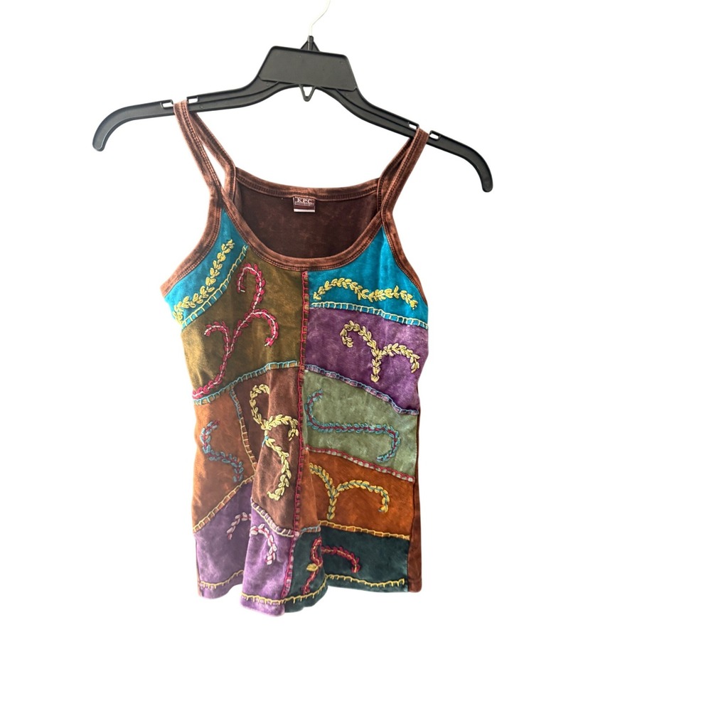 KPC Women L Patchwork Embroidered Tank Top Brown Mineral Wash Boho Nepal Cotton